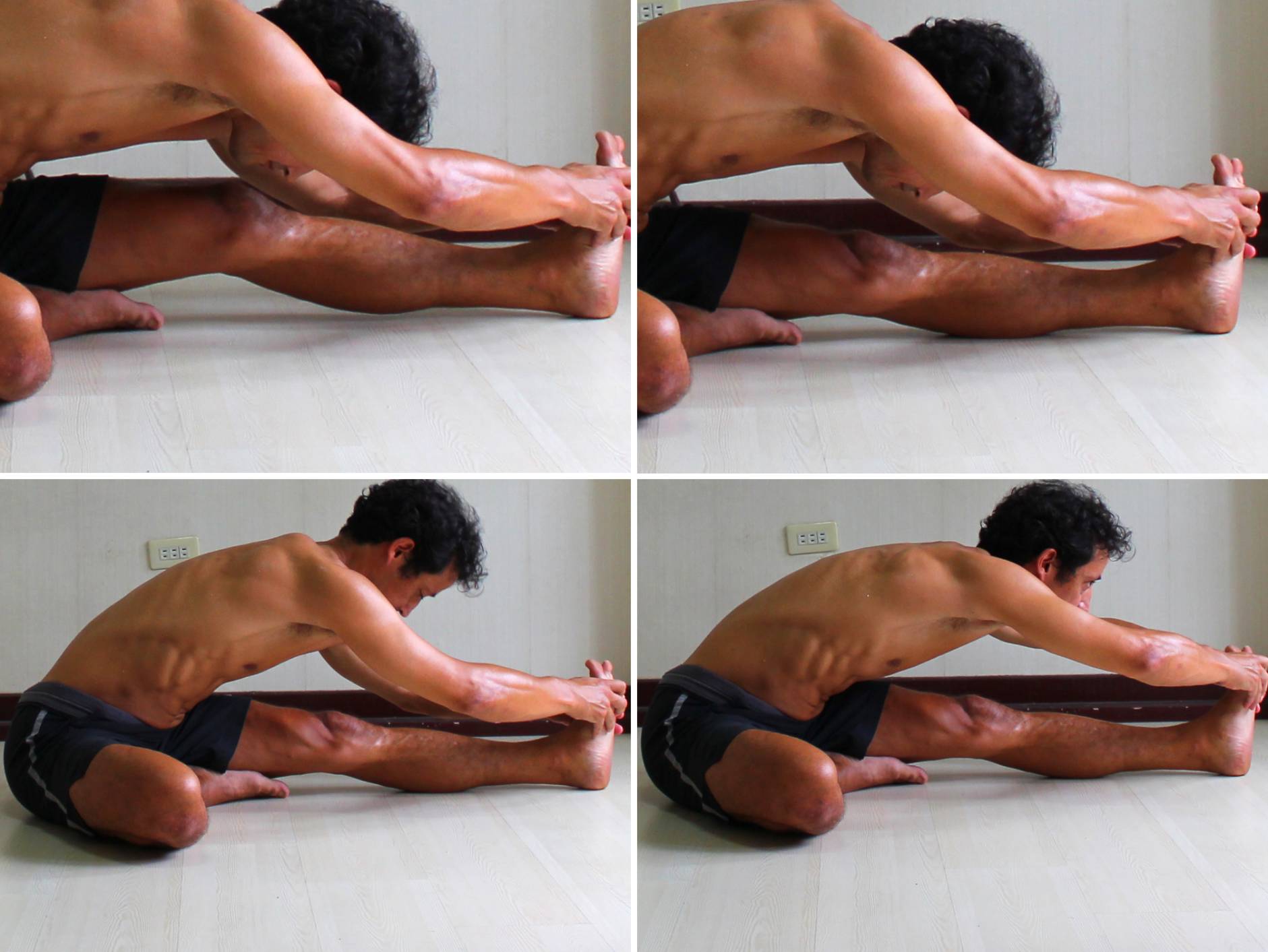 Janu Sirsasana Step By Step:   
1. Relaxed.  
2. Lengthen leg    
(notice the smaller gap beneath the left knee.)  
3. Lengthen spine.  
4. Pull up on the leg with the arms.
