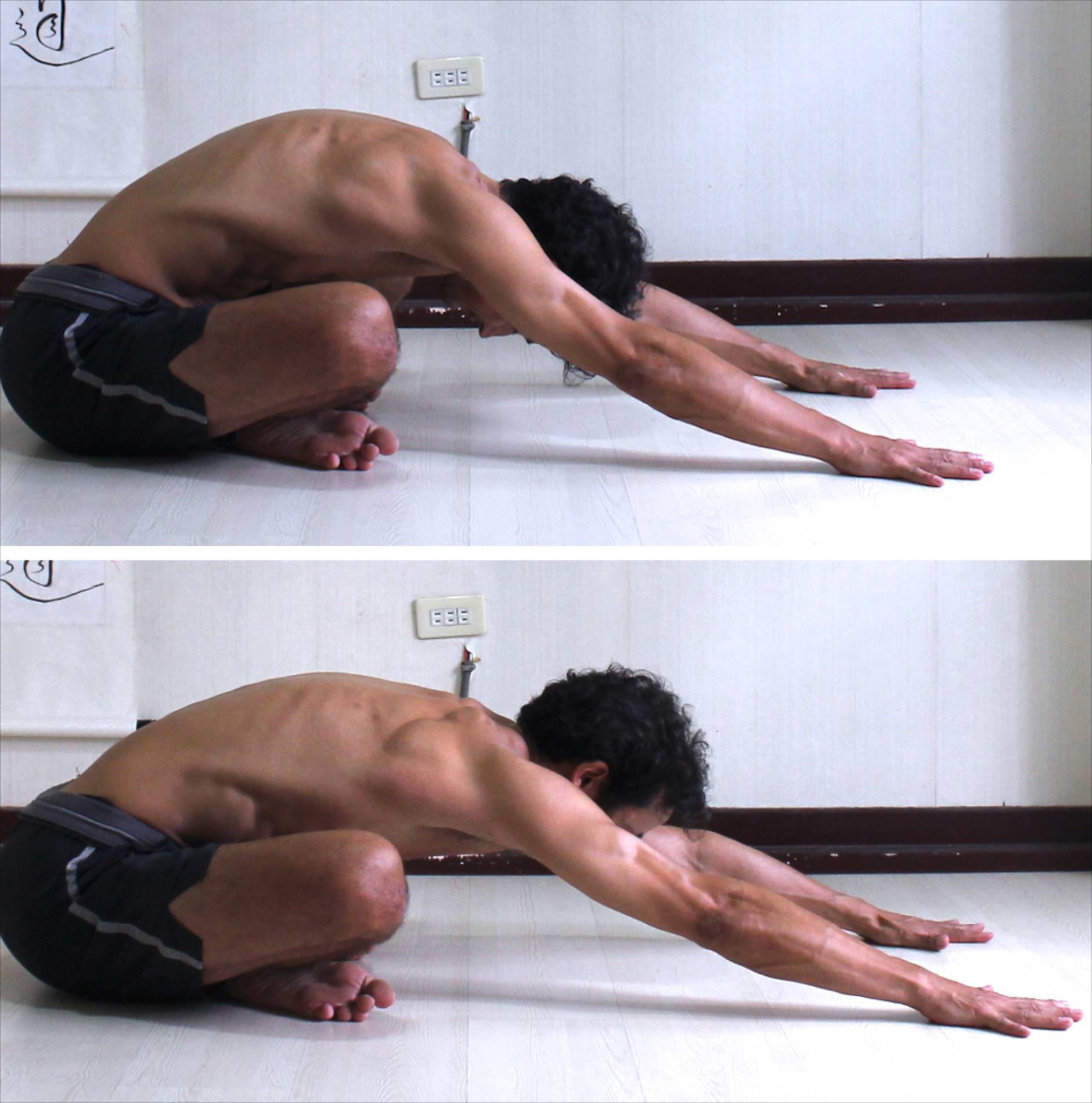 Cross Legged Forward Bend:  
1. Relaxed.  
2. Reaching front ribs forwards, away from pelvis.   
Reaching hands forwards, away from ribcage.