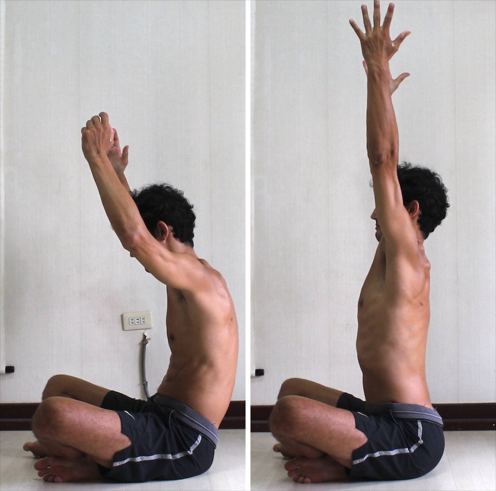 Lengthening Spine and Arms Upwards:  
1. Relaxed.  
2. Sitting up tall with front ribs lifted away from the floor and arms reaching upwards.   
(Shoulders are lifted,   
Elbows and fingers are straight.    
Neck is long.)
