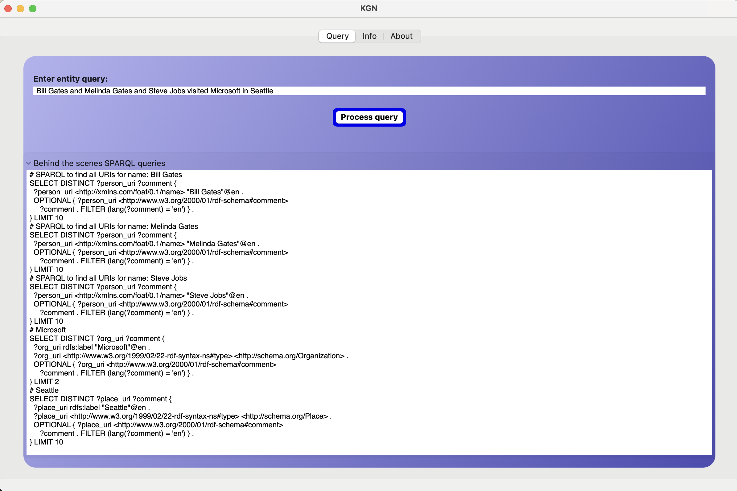 Showing SPARQL queries used to gather data