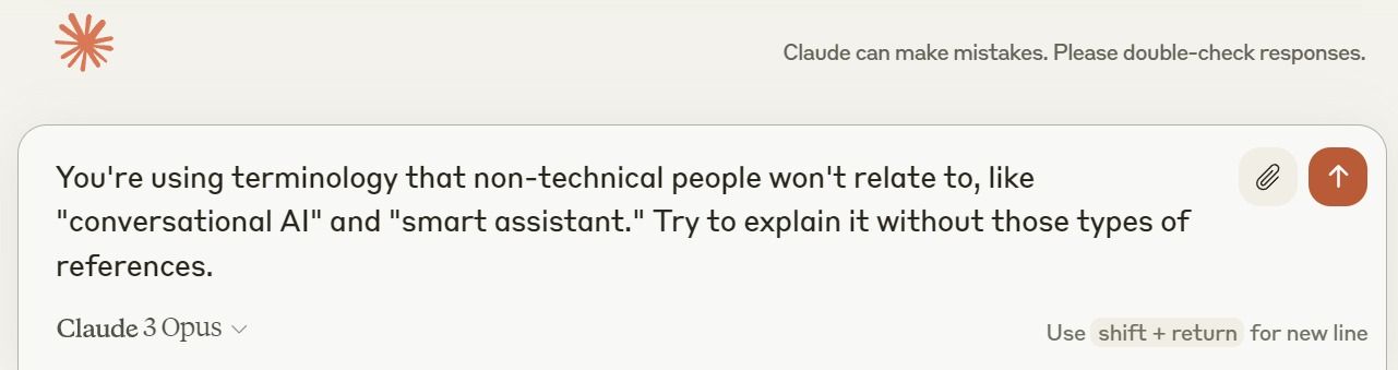 Eine Antwort der Konversations-KI, die rät, technische Fachbegriffe und Verweise zu vermeiden, die für nicht-technische Personen möglicherweise nicht nachvollziehbar sind.