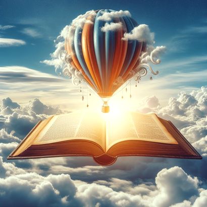 Un livre ouvert avec une montgolfière émergeant de ses pages, flottant parmi les nuages.