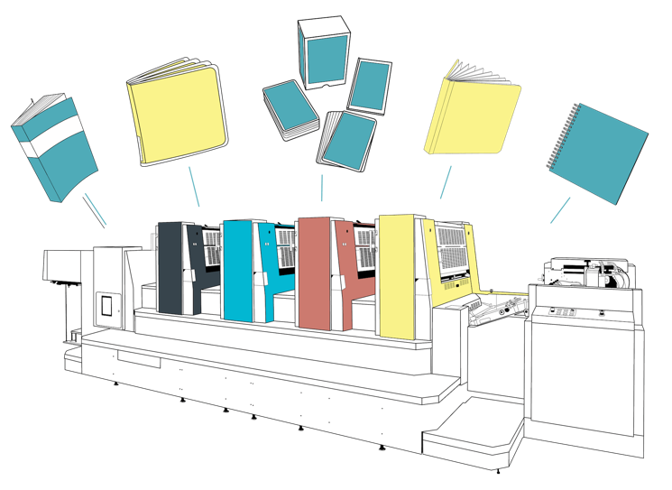 Illustration d'une presse à imprimer avec différents types de livres et de publications en cours de production.