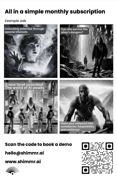 Oglas za Shimmr s primjerima oglasa, informacijama o cijenama i QR kodom za rezervaciju demonstracije.