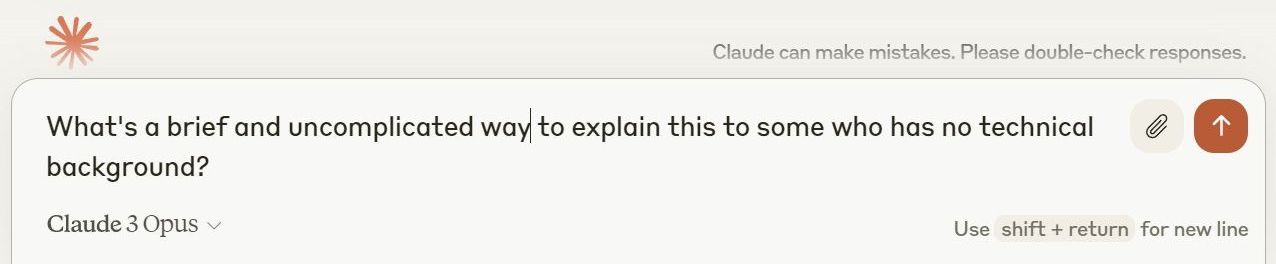 Una richiesta dell'utente su un'interfaccia AI conversazionale che chiede una spiegazione semplice per un pubblico non tecnico.