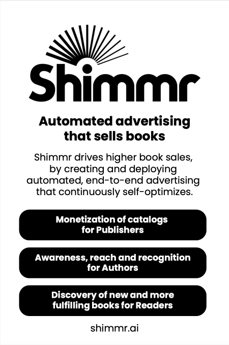 Um anúncio do Shimmr mostrando publicidade automatizada que vende livros, mencionando um aumento de 35% nas vendas e um retorno duas vezes melhor sobre o gasto com anúncios.