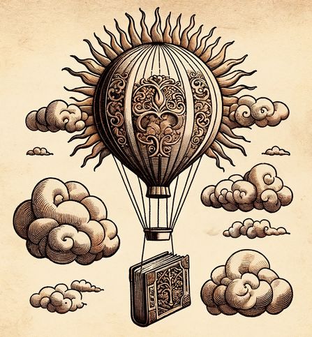 Uma ilustração artística de um balão de ar quente com padrões intrincados, flutuando entre nuvens com um sol ao fundo.