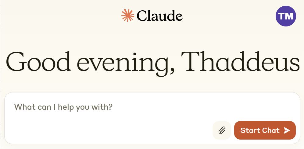 A welcome message on a conversational AI interface addressed to Thaddeus, asking how it can help.