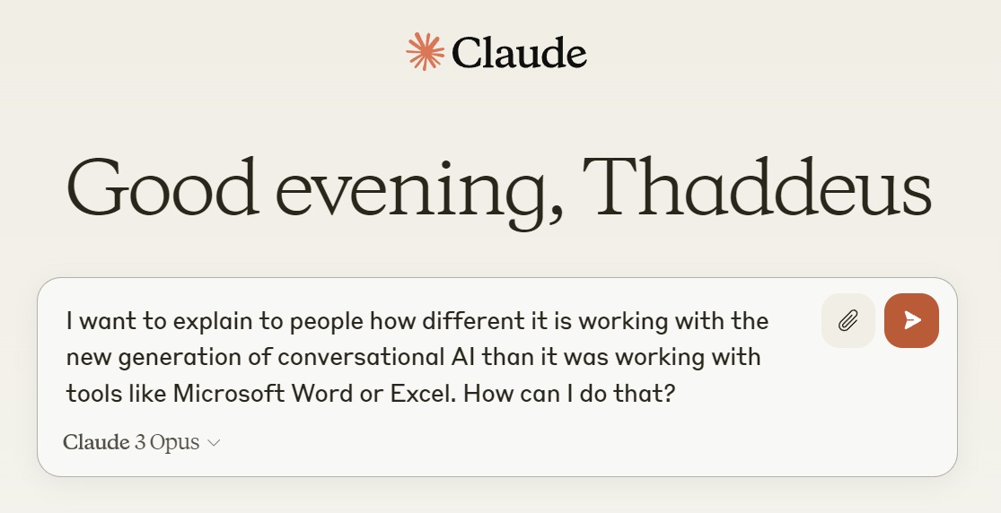 A conversational AI interface with a user input asking how to explain the difference between new generation conversational AI and traditional tools like Microsoft Word or Excel.