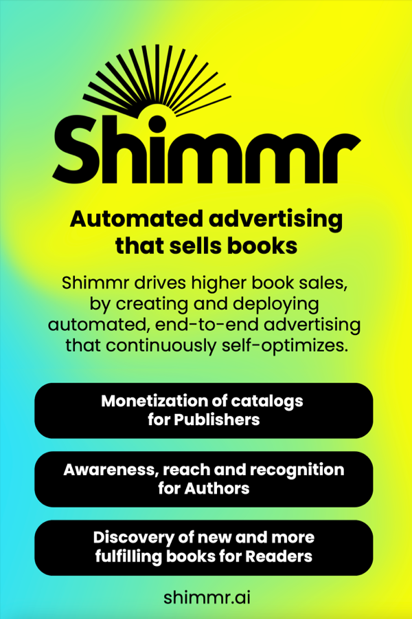 An advertisement for Shimmr showcasing automated advertising that sells books, mentioning a 35% uplift in sales and 2x better return on ad spend.