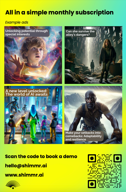 An advertisement for Shimmr with example ads, pricing information, and a QR code to book a demo.