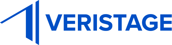 Logo of Veristage in blue with an abstract design.