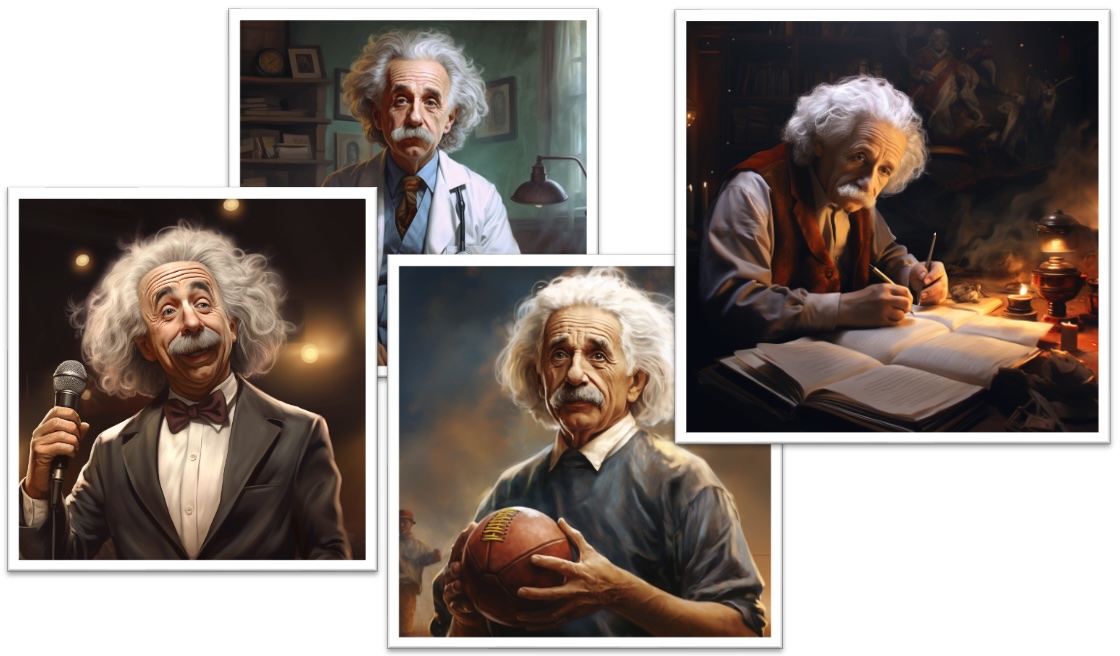 En collage af fire AI-genererede billeder af en person, der ligner Albert Einstein med vildt, hvidt hår og overskæg i forskellige situationer: med mikrofon i jakkesæt, i laboratorium med skjorte og slips, med en amerikansk fodbold, og ved skrivebord med stearinlys og åbne bøger.