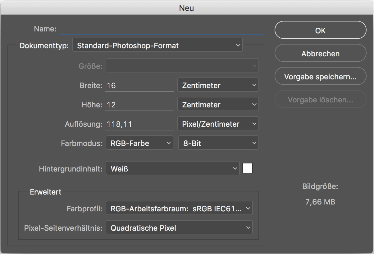 Einstellungen zum Erstellen eines neuen Bildes in Adobe Photoshop