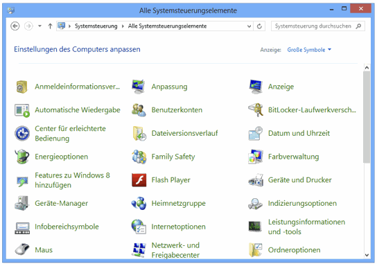 Systemsteuerung unter Windows 8 mit aufmerksamkeitleitendem Icon (Flash Player)