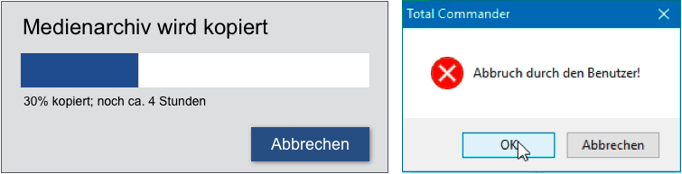 Links besteht ein eindeutiger Bezug zwischen laufender Handlung und der Abbruchoption, rechts ist das Abbrechen des Abbrechens unverständlich.