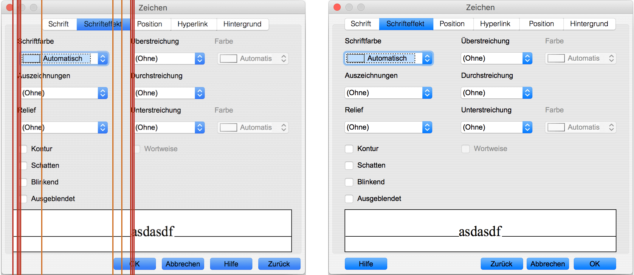 Vielzahl von Fluchtlinien sorgt für unruhige Bildschirmarrangements (rechts verbessert).