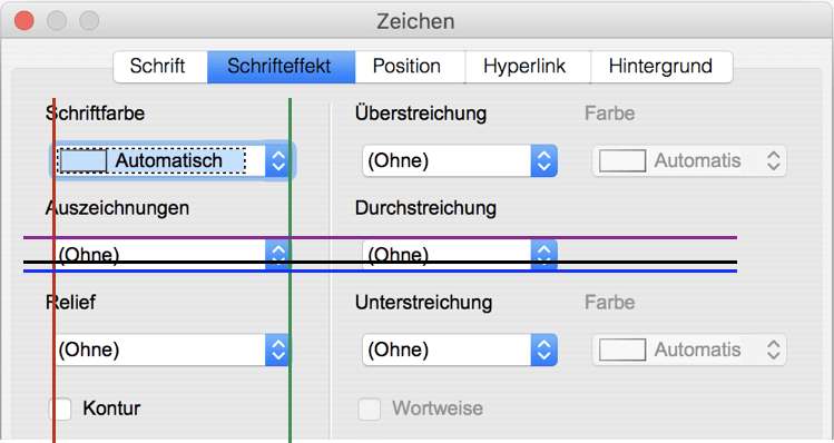 Fluchtlinien eines Auswahlfeldes. Besonders wichtig sind die linken und unteren Fluchtlinien.