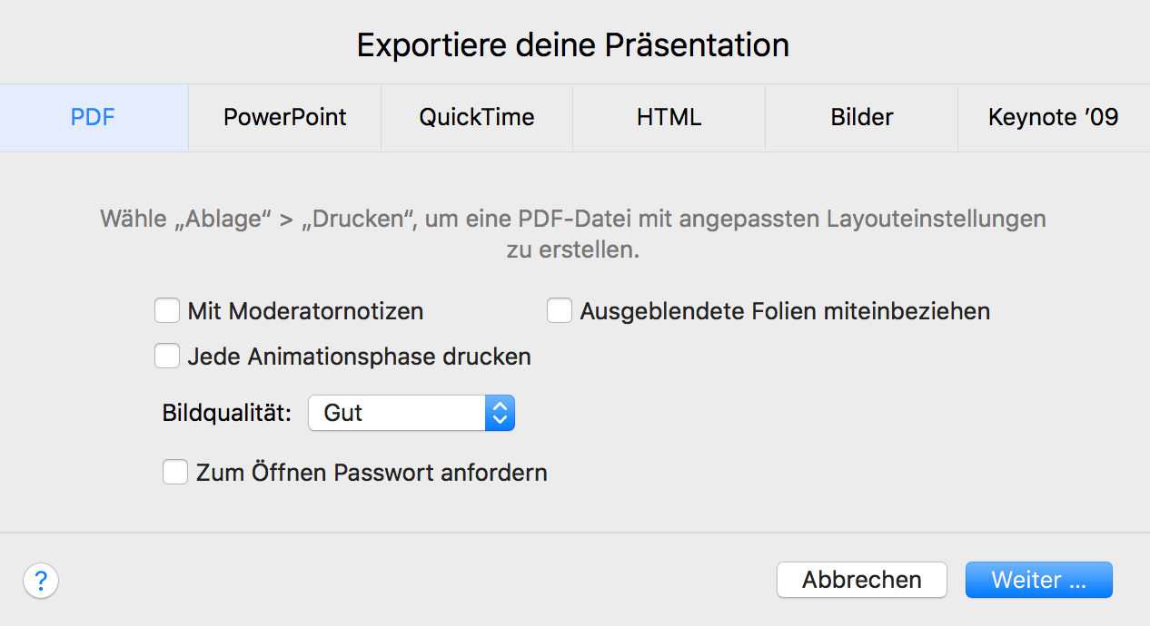 Generischer Button "Weiter..." in Apple Keynote