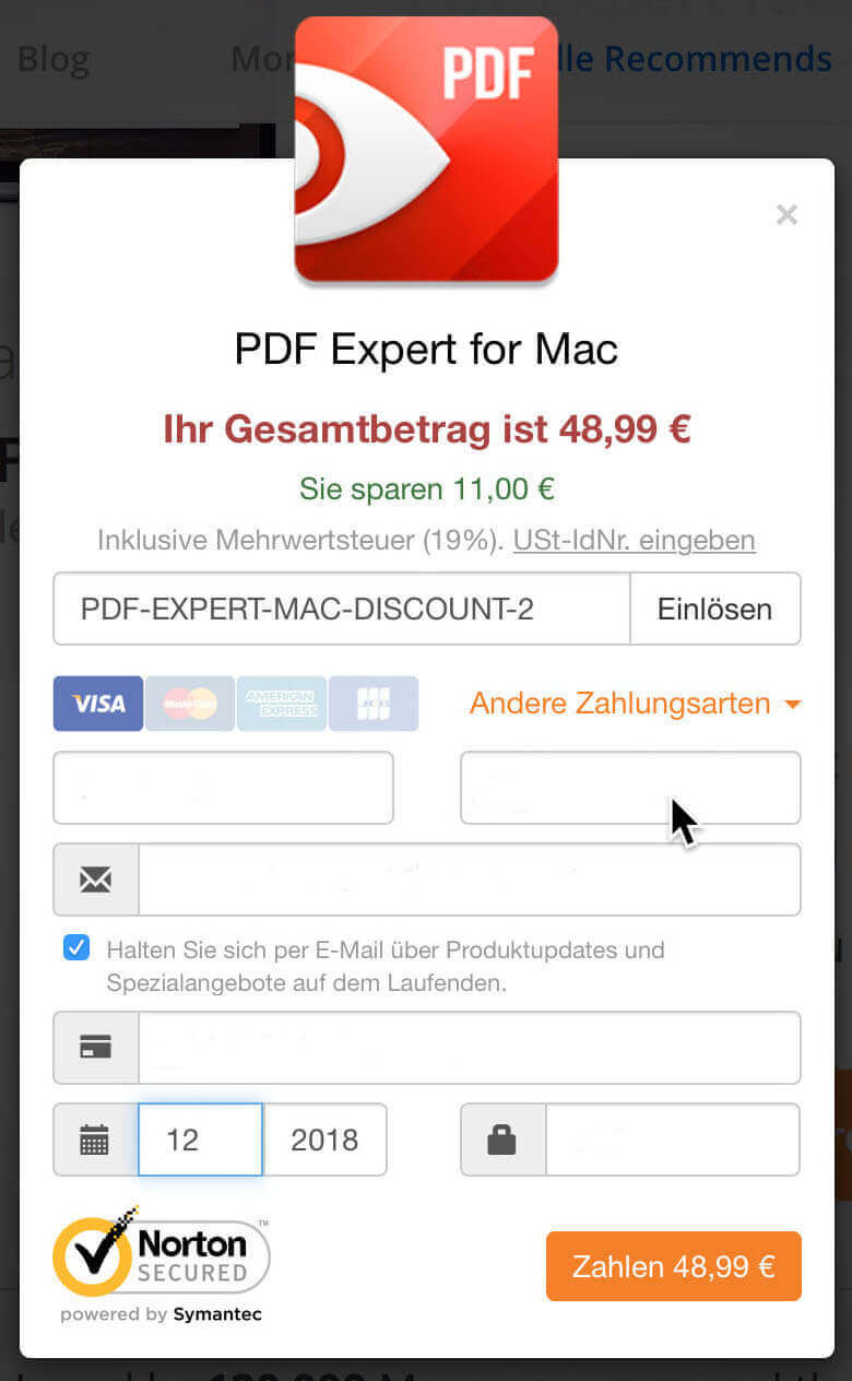 Die Kaufbestätigung für PDF Expert for Mac zeigt den zu Zahlenden Betrag am Ort der Handlung als Beschriftung des Buttons