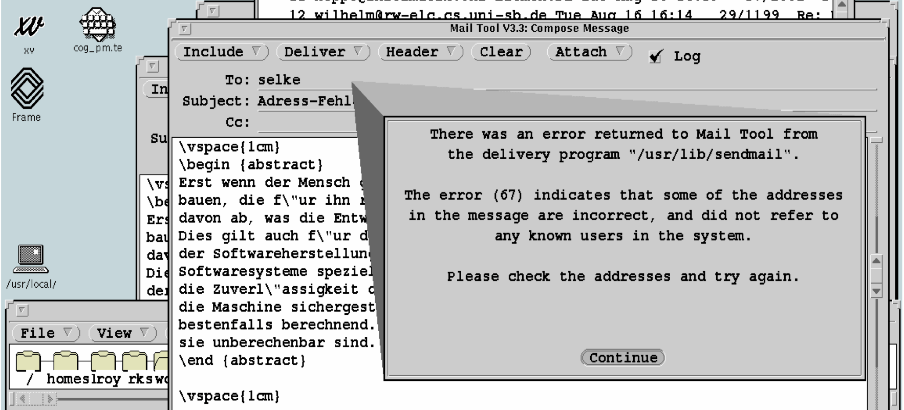 Gekoppelte Fehlermeldung in OpenWindows von Sun Microsystems