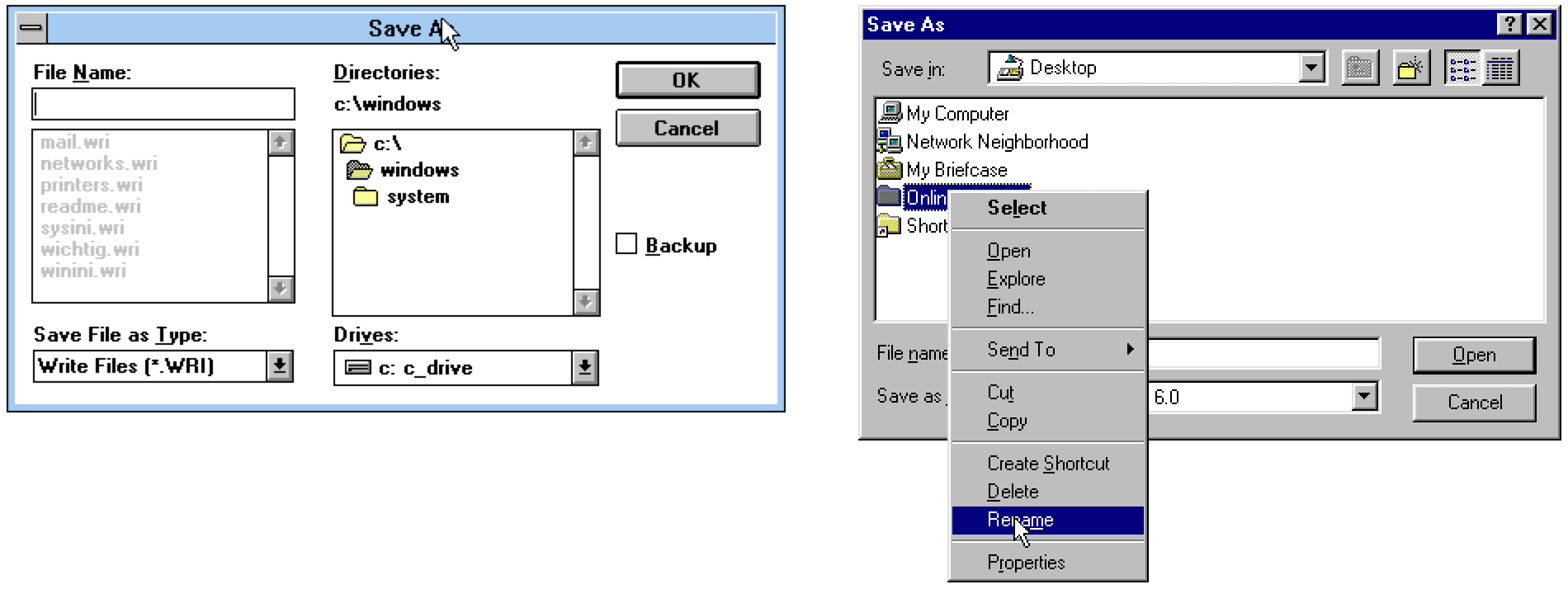 Speichern Windows 95 (rechts) bietet typische Nebenhandlungen wie das Umbenennen direkt an.