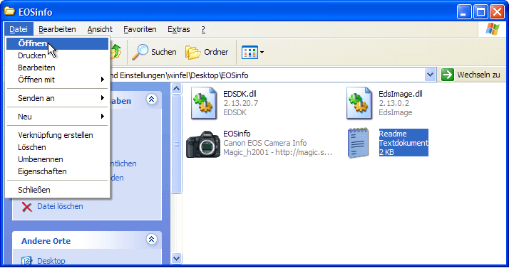Das „Öffnen“ war unter Windows XP noch per Menü erreichbar