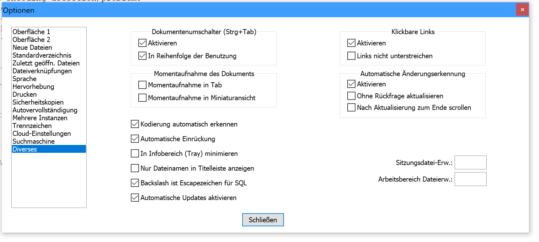 Einstellungsfenster des Windows Editors Notepad++. Änderungen werden sofort ausgeführt