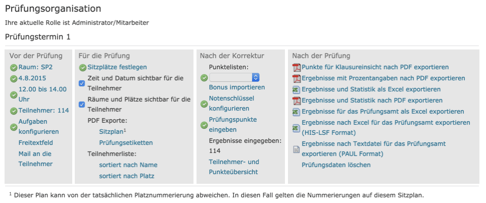 Nutzungsschnittstelle der Prüfungsorganisation einer universitären Lernplattform