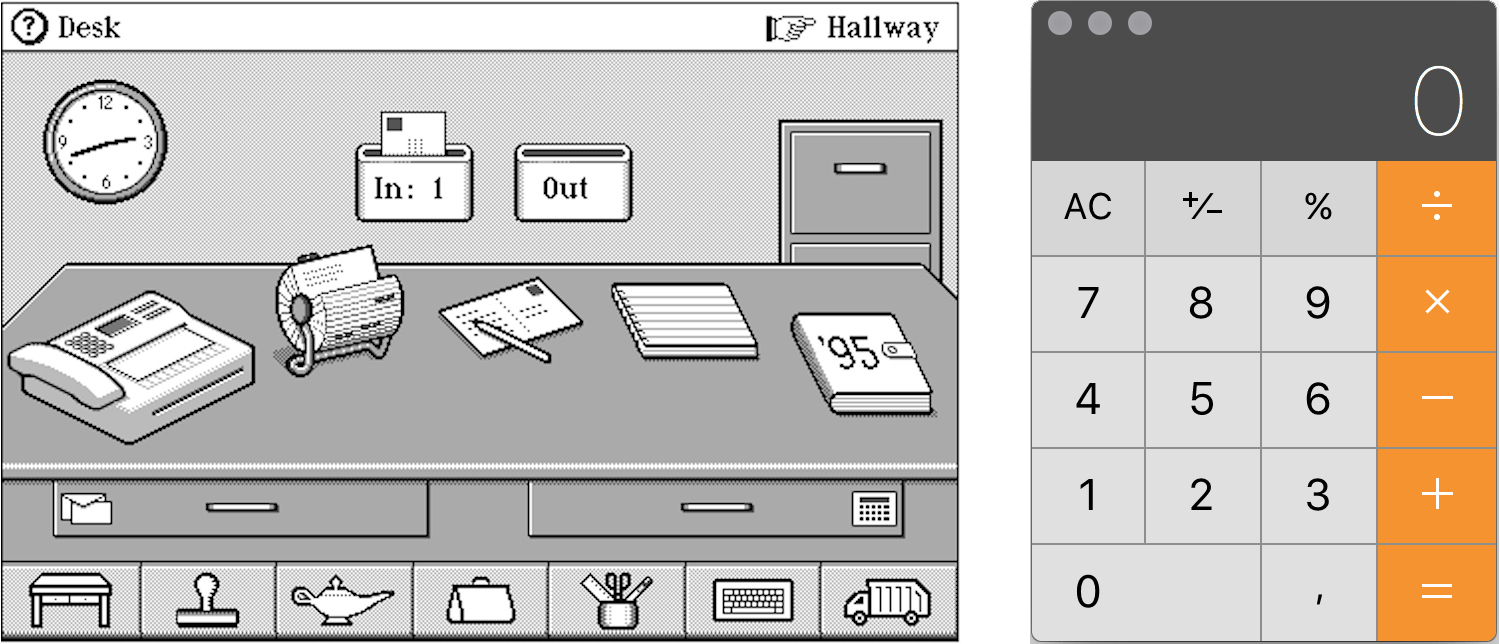 Links: Magic Cap Operating System, rechts: Taschenrechner von MacOS