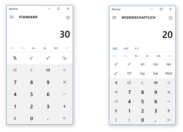 Windows-Taschenrechner im Modus „Standard“ und „Wissenschaftlich“