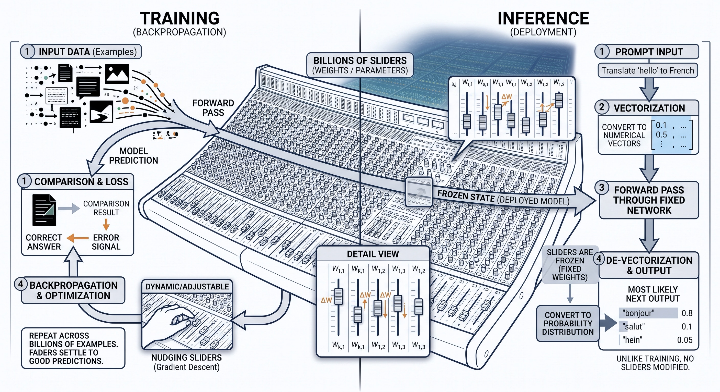 This image shows a conceptual view of an AI model. How the model is similar to a huge equalizer board that takes some data in & generates a lot of related data out.