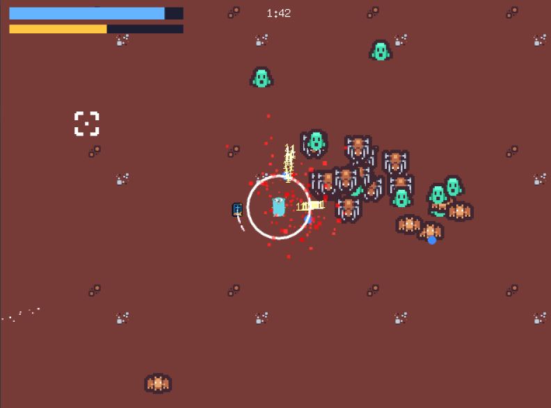 Gopher Survivor, the finished game, a hit landing with blood particles, a floating damage number, and enemies closing in