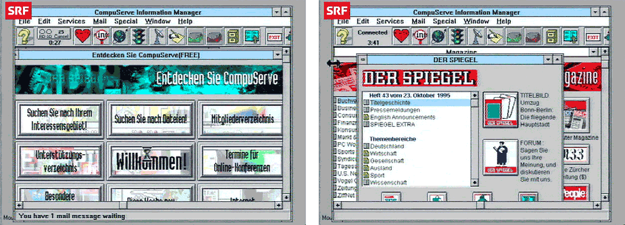 CompuServe im Jahr 1995, Ausschnitt aus der Sendung "Computerzeit" des Schweizer Fernsehens - https://www.youtube.com/watch?v=RKa4h7K3y9Q