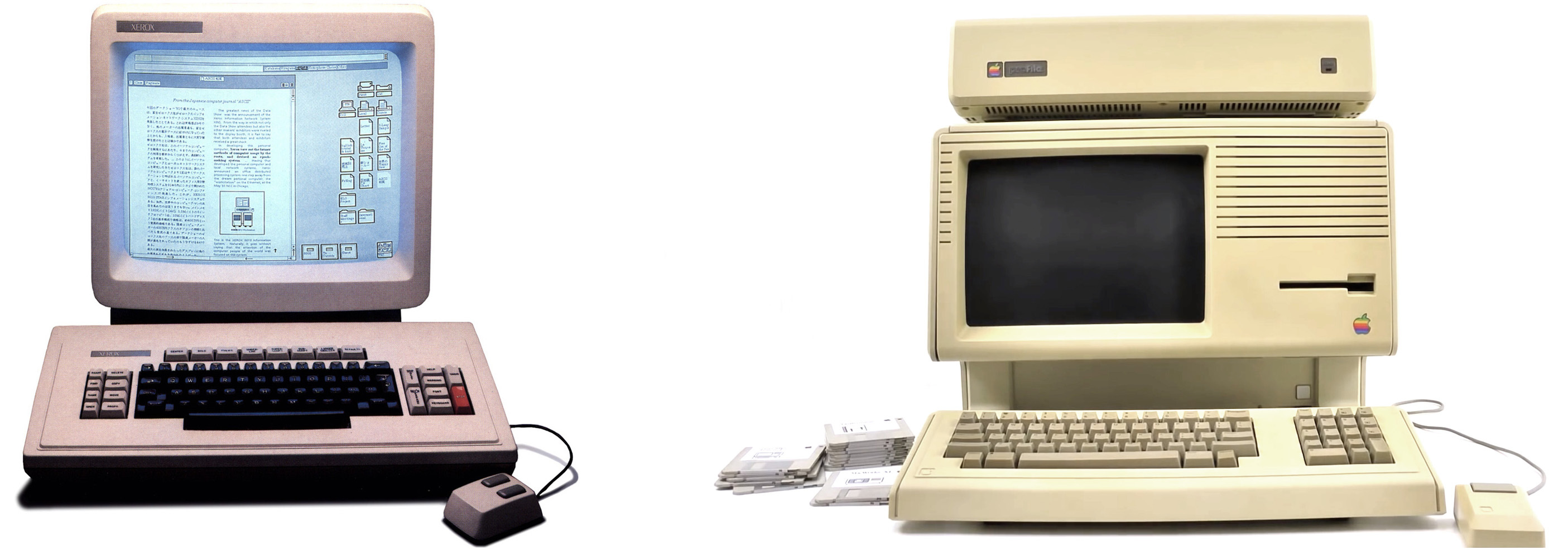 Ein- und Ausgabegeräte des Xerox 8010 Star Information System (links) und Apple Lisa mit zusätzlicher externer Festplatte (rechts) – Bilder: Xerox Corporation via digibarn.com, alker33 on Youtube (CC-BY-3.0)
