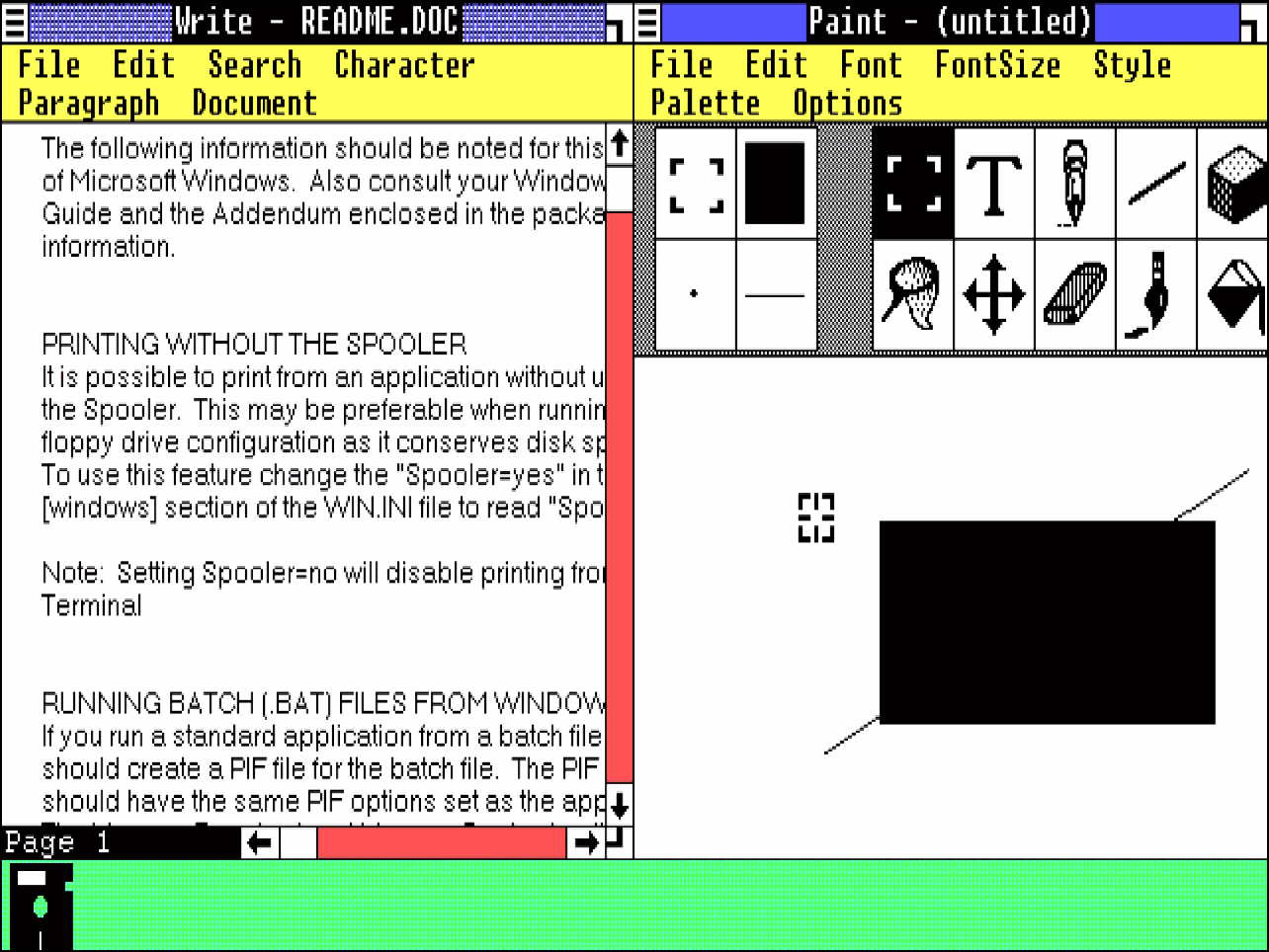 Microsoft Windows Version 1.01 mit geöffneten Fenstern für Write und Paint, unten minimiert die MS-DOS-Executive