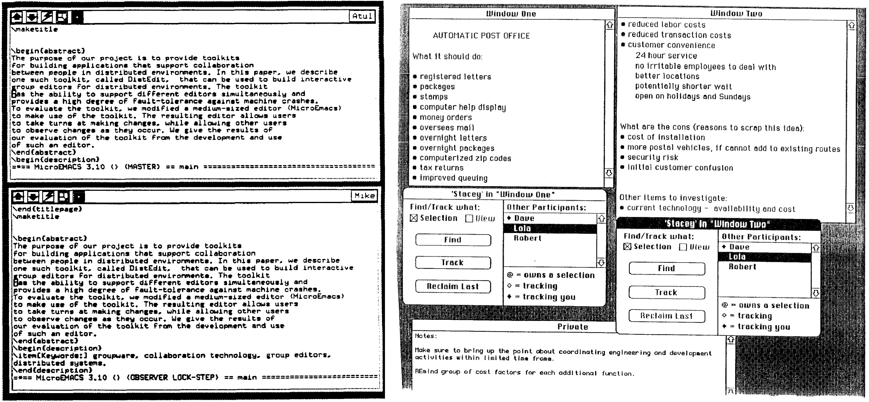Links: Der Unix-Editor EMacs im mit Master und Observer-Fenstern, Rechts: Der kollaborative Editor ShrEdit