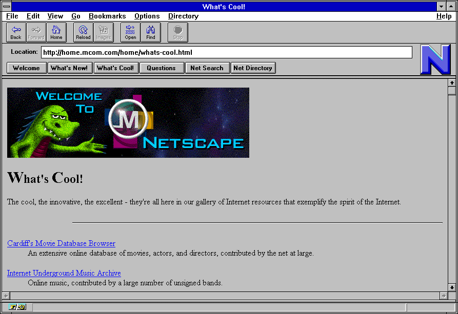 Netscape 1 mit einer Seite seines Herstellers