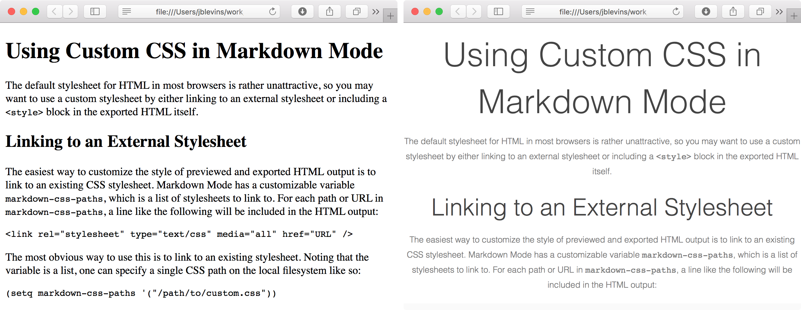 Default and Custom CSS in Markdown Mode Output