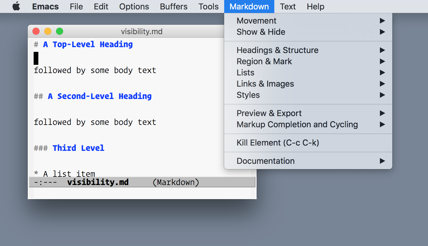 Markdown Menu in Emacs on macOS