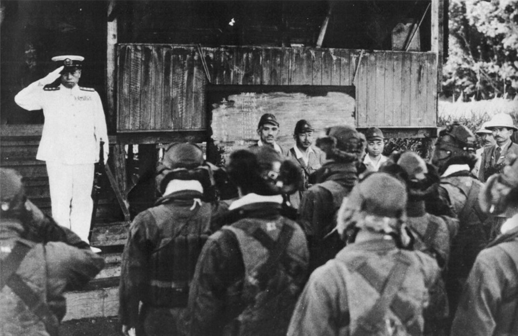 Admiral Yamamoto visiting naval pilots at Rabaul, April 18, 1943, a few hours before his death