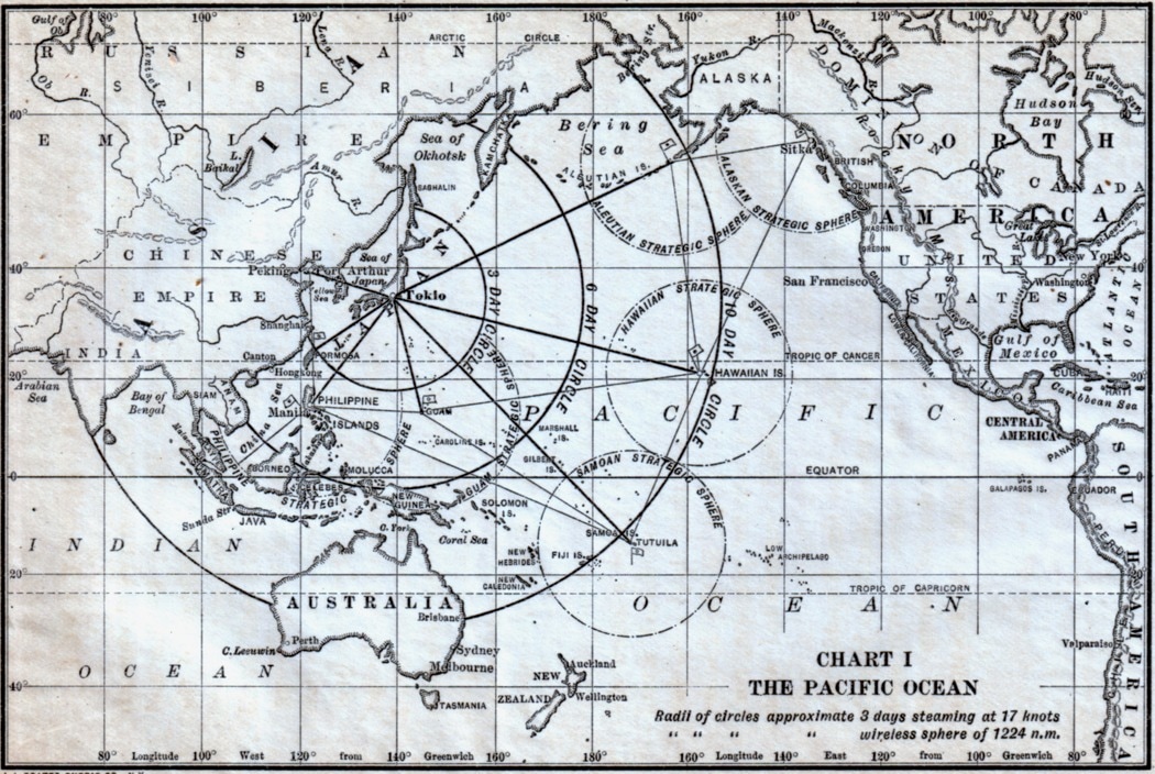 Lea's chart showing the range available to naval forces within three day's steaming to the destination