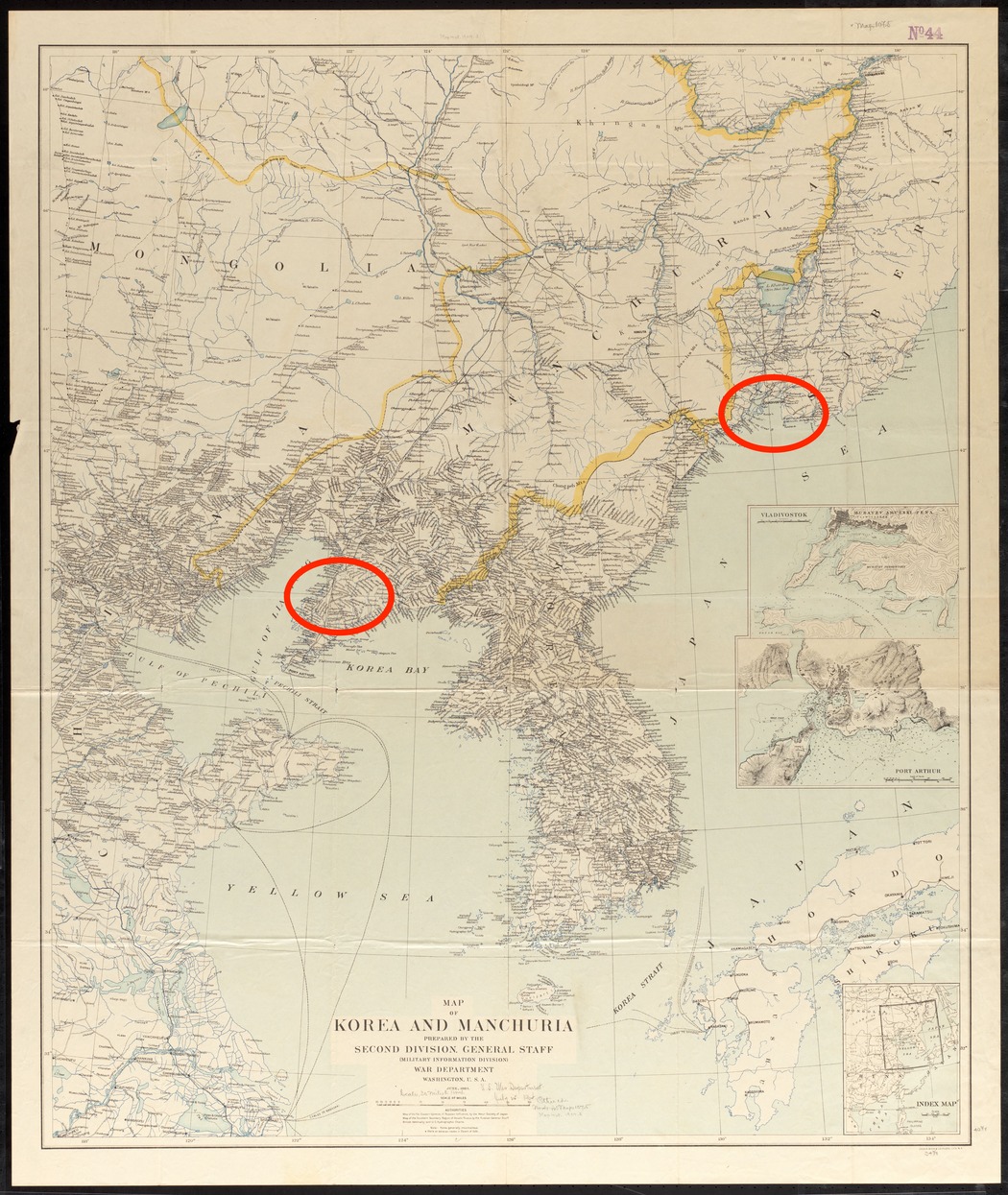 I circled Port Arthur (left) and Vladivostok (right)