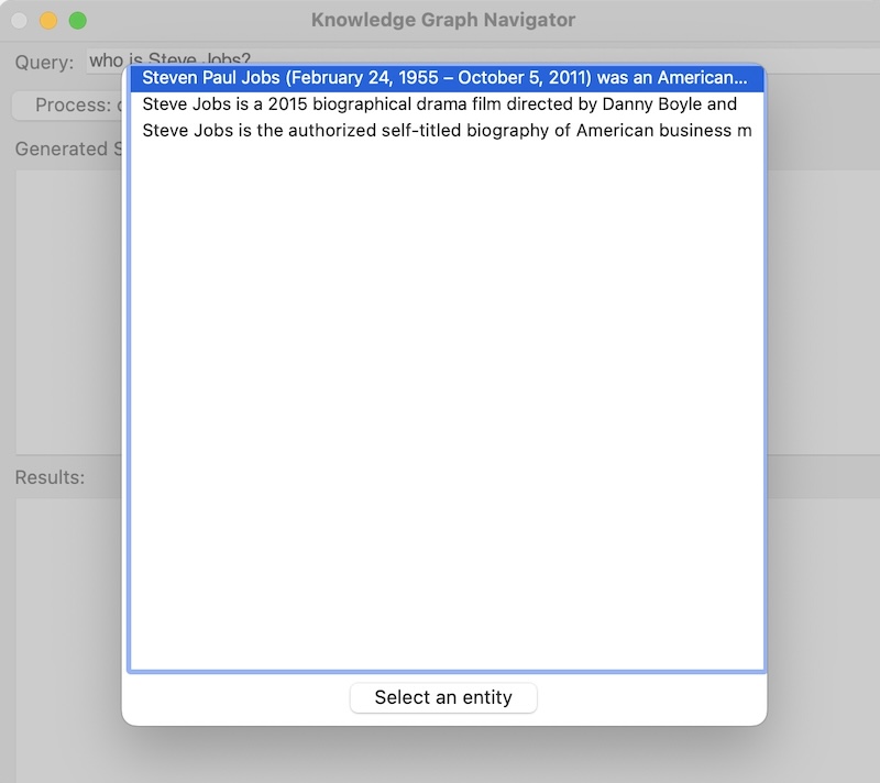 KGN finds multiple RDF subjects for “Steve Jobs” so a dialog is presented to choose one