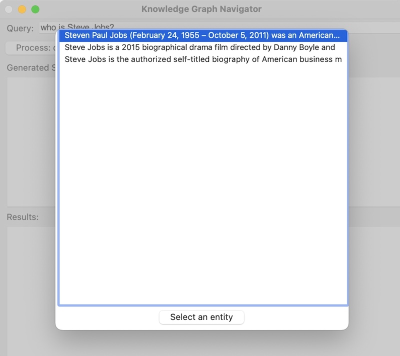 KGN finds multiple RDF subjects for "Steve Jobs" so a dialog is presented to choose one