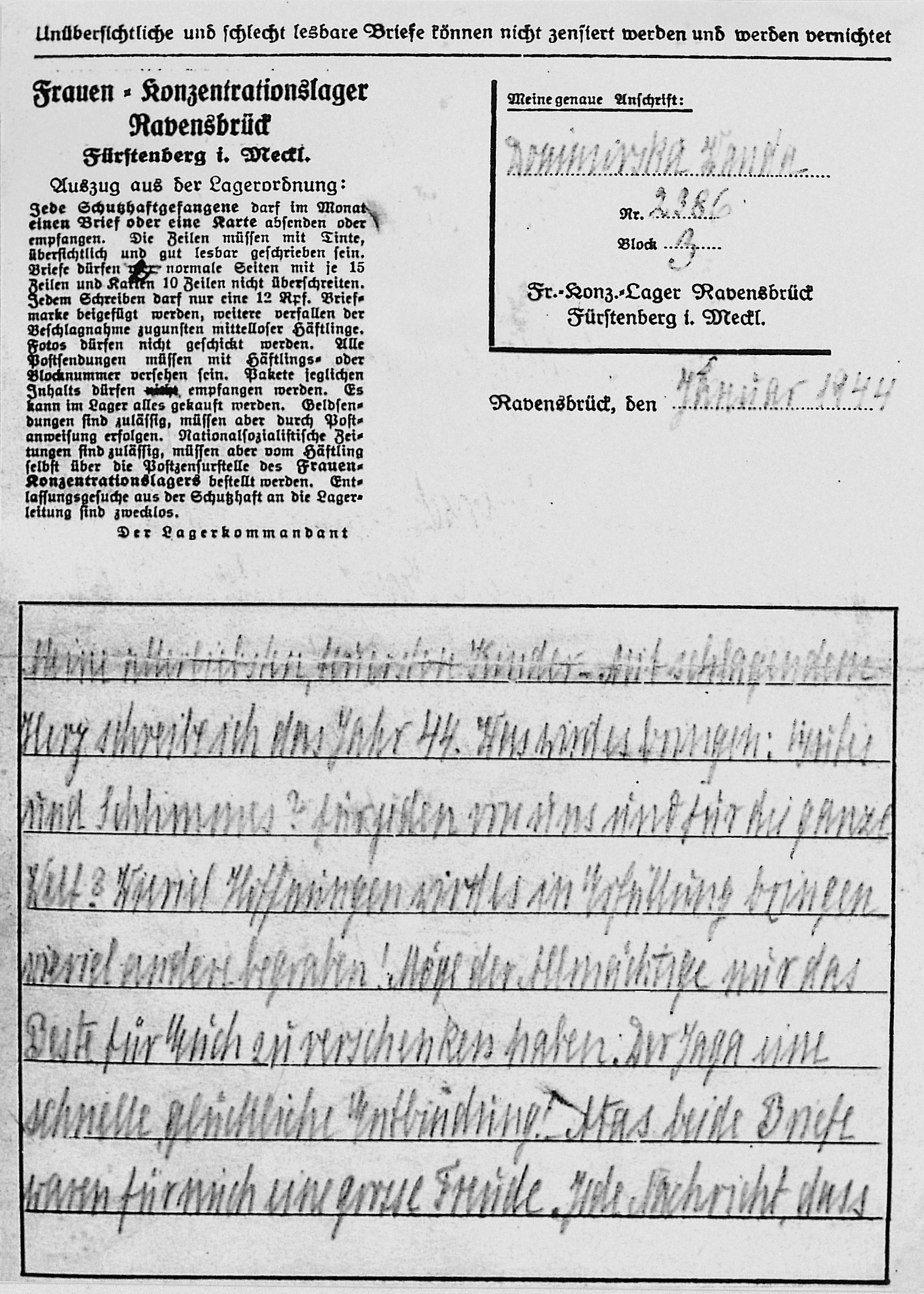 First page of mother’s letter from Ravensbruck (Jan 1944)