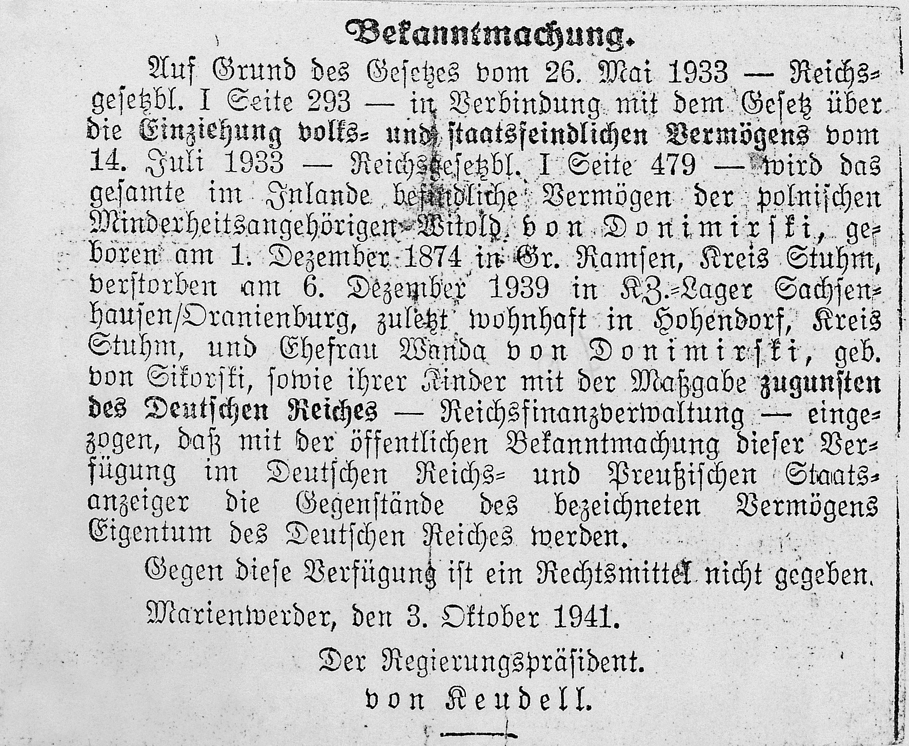 Official confiscation of Wanda, Witold and their childrens’ assets, due to their activity against the Nazi state