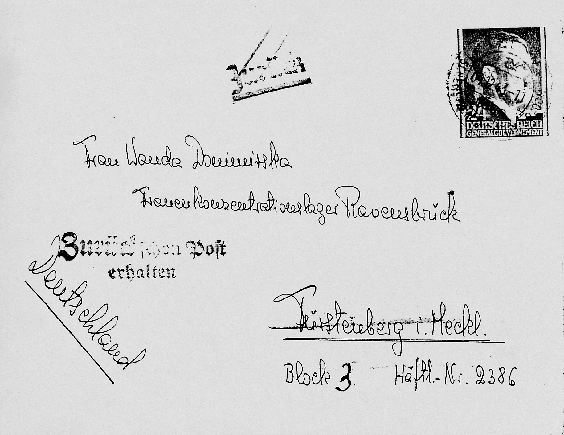 Author’s letter to her mother in Ravensbruck, returned