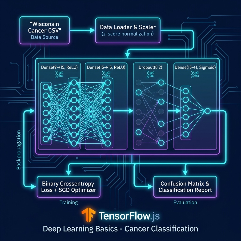 Architecture diagram for TensorFlow.js cancer classification neural network