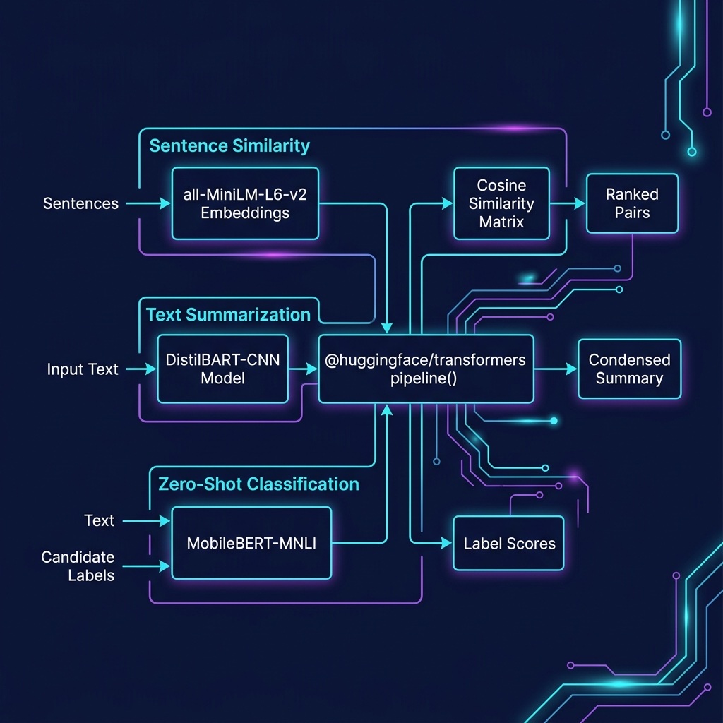 Architecture diagram for Transformers.js NLP pipelines: summarization, classification, and similarity